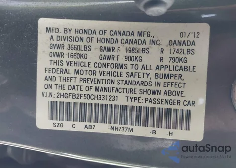 2012 Honda Civic Lx from USA, damaged, VIN 2HGFB2F50CH331231